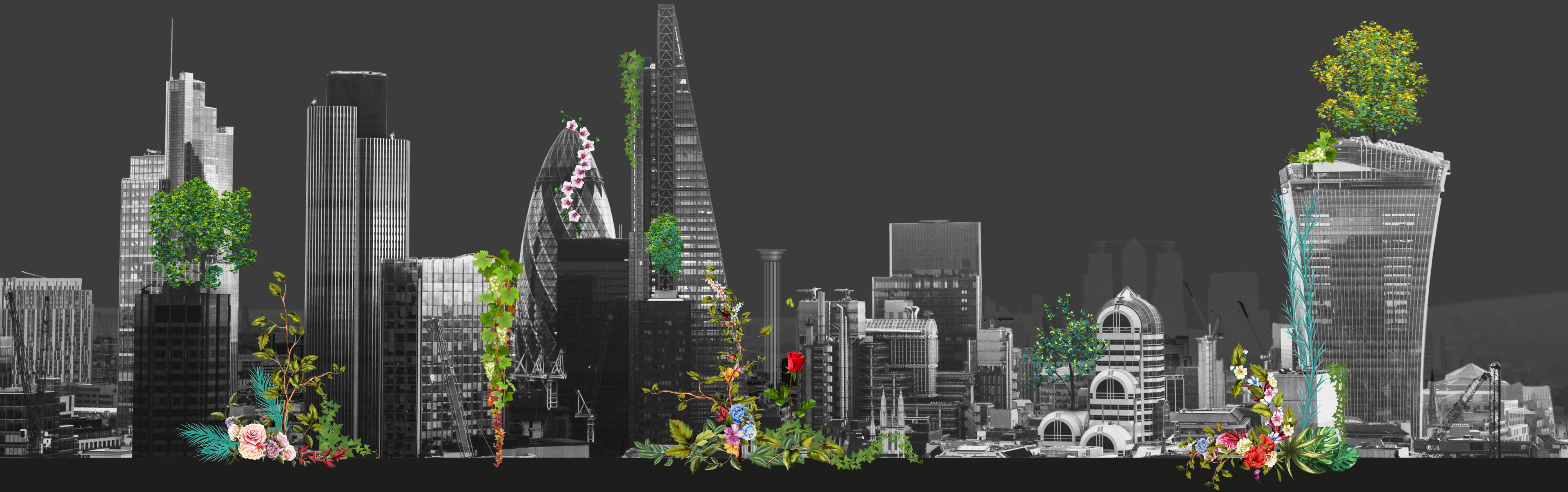 cityscape with layered plant collage